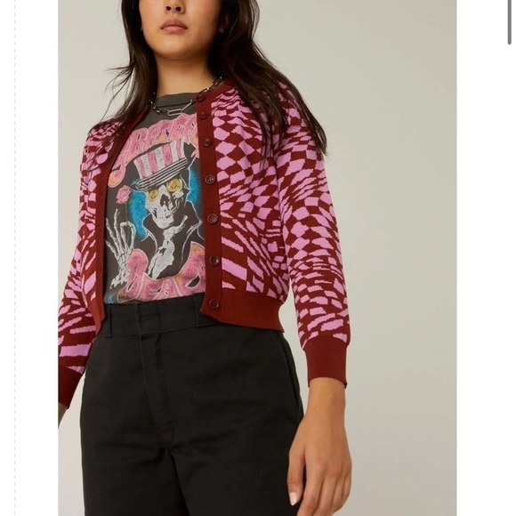 Daydreamer Magenta Wave Abstract Checkered Button Front Cardigan Sweater NWT - Picture 6 of 16